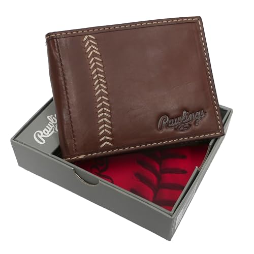 Rawlings | Men's Bifold Wallet Collection | Genuine Leather | Multiple Styles & Colors - color: Dark Brown | Baseball Seam Stitch