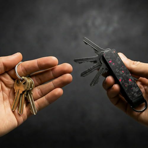 Compact Metallic Aluminum Key Organizer holder Keychain with Pocket Clip. - color: Aluminum - Red Forge Carbon.