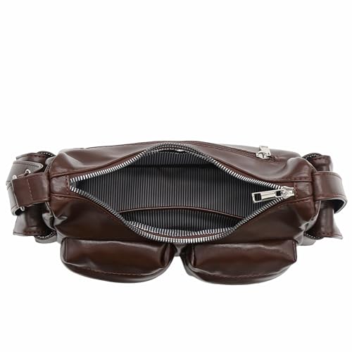 Glossy PU Leather Multi Pocket Shoulder Bag | Glossy Faux Leather - color: B Coffee
