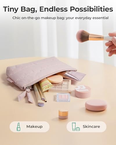 BAGSMART Small Travel Organizer, 1.6" Thin Puffy Pouch for Purse & Gym | 1.6" slim, water-resistant & padded. Machine washable. Charm zipper pull for makeup, earbuds, chargers, meds - color: 02-Camel