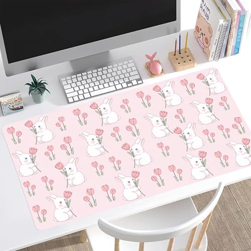 Pink Bunny Tulip Desk Mat, Cute Extended Gaming Keyboard Mouse Pad, Large Office Desk Cover Mat Pad Deskmat, Non-Slip Leather Home Office Desk Mat Protector 31.5"×15.7" - color: Pink Bunny, size: 31.5" x 15.7"
