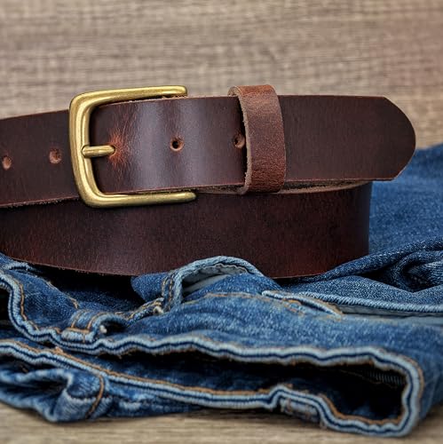 Ashford Ridge Made in England 34mm Full Hide Leather Belt with Brass Colour Buckle - color: Antique Brown, size: 2XL (44" - 48" waist)