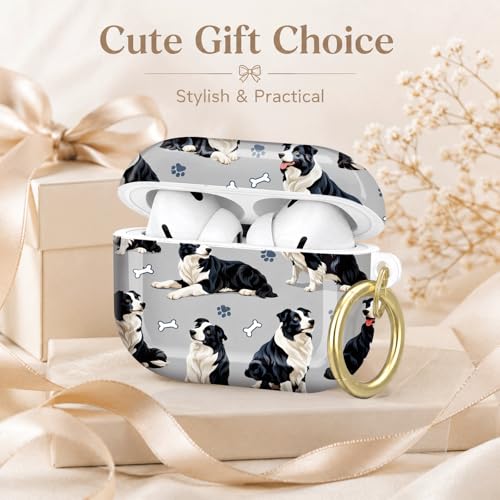 Compatible with AirPod Pro 2nd/1st Generation Case Cover with Key Chain,Full Protective Shockproof Wireless Headphone Case for Airpod Pro 2023/2022/2019(Border Collie Dogs Bones Paws Gray) - color: Border Collie Dogs Bones Paws Gray