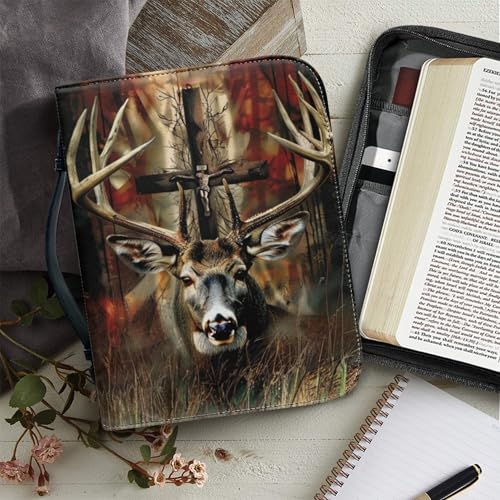 Leather Bible Cover, Carrying Bible Book Bag Church Case,Bible Protective with Handle for Men Women,Gothic Style Deer and Cross,Large - color: Gothic Style Deer and Cross, size: Large