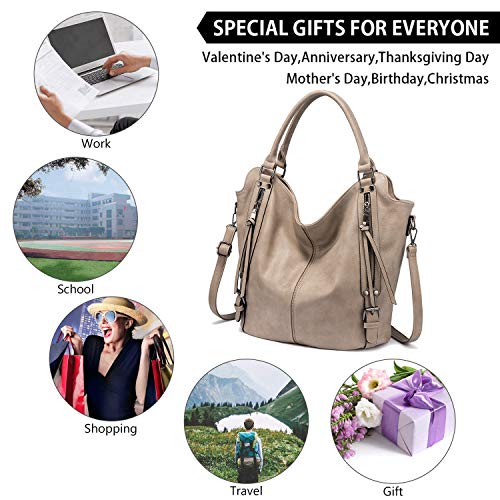Tote Bag for Women PU Leather Shoulder Bags Fashion Hobo Bags Large Purse and Handbags with Adjustable Shoulder Strap - color: Khaki