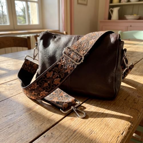 Flower Purse Strap Replacement Embroidery Crossbody Shoulder Strap for Handbag Canvas Purse Extender Accessories - color: Blackish-brown