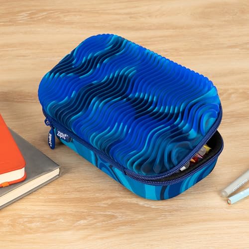 ZIPIT Wavy Pencil Case for Kids, Silicone Sensory Fidget Pencil Box, Blue | Playful box with tactile silicone fidget top, sturdy crack-proof shell, secure zipper, large capacity holds 60 pens & pencils - color: Blue Shapes