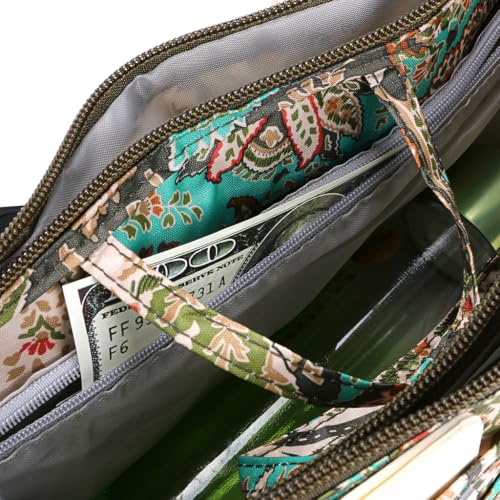 BTSKY Printing Handbag Organizers Inside Purse Insert for Women | High Capacity 13 Pockets Bag Tote Organizer with Handle Tote Bag Shaper Dividers, Peacock Flower - color: Green+Brown