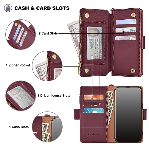 Antsturdy for iPhone 15 Pro Phone Wallet Case Women,Wine Red | RFID Blocking,with Credit Card Holder Slots,PU Leather Purse,Zipper Pocket,Wrist Strap Kickstand,Flip Folio Cover for Men - color: Wine Red