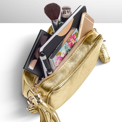 Italian Genuine Metallic Suede Crossbody Bag for Women with Zipper | Small Leather Camera Purse Shoulder Handbag Pocketbook (Metallic Gold) - color: Metallic Gold
