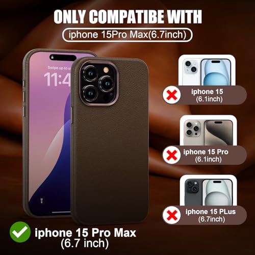 Leather Case for iPhone 15 Pro Max Compatible with Magsafe Coffee Brown | Non-Slip Pebbled Genuine Leather, Slim Fit, Super Magnetic, Compatible with Wireless Charging, Metal Buttons, Camera Bezel - color: Coffee Brown, size: iPhone 15 Pro Max