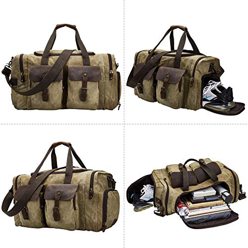 Waxed Canvas Duffel Bag with Shoe Compartment | Waxed Canvas Travel Bag for Men, Genuine Leather Trim, Shoe Compartment, Front Pockets, Weekend, Overnight and Carry-On Use - color: Khaki