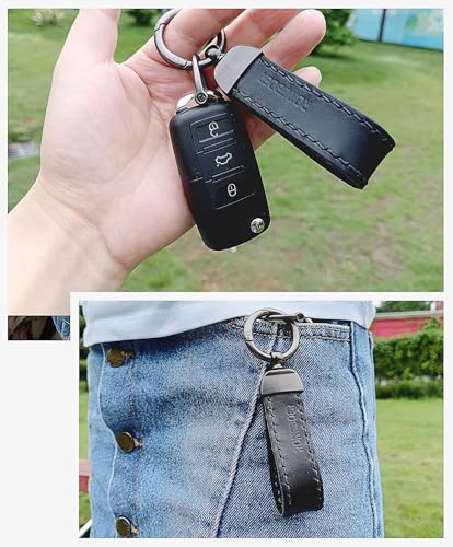 Handmade Double-Sided Cowhide Leather Keychain,Unique Car Key Chain Accessory,Vegetable-Tanned and Nubuck Leather,07 - color: Black