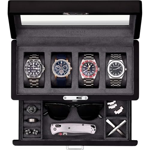 ROTHWELL 4-Slot Matte Black Watch Box with Valet Drawer - Premium Jewelry Display Case Organizer with Locking Glass Top and Microsuede Liner for Men & Women (Carbon Interior) - color: Matte Black / Grey Carbon