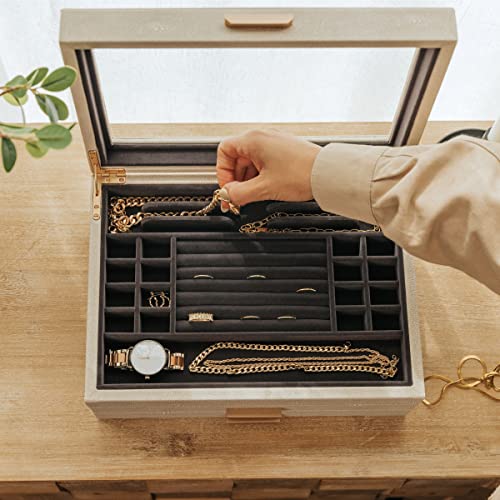 CASE ELEGANCE Large 3-Tier Jewelry Box with Glass Lid | Shagreen vegan leather, velvet lined, brass hardware - size: Large - Non-Monogrammed