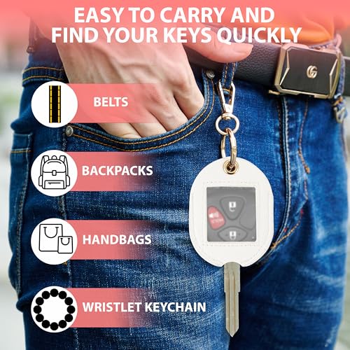 Leather Remote Key Fob Sleeve for Broken Car Key Loop Replacement | Double-Layer PU Leather and Clear Plastic Window for Easy Button Access - color: White 02, Extra Large