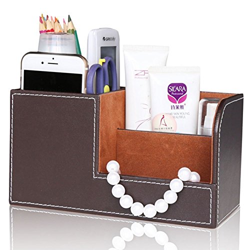 Desk Organizer Office Supplies Caddy Pu Leather Multi-function Storage Box Pen/Pencil,Cell phone, Business Name Cards Remote Control Holder Brown - color: S-Brown