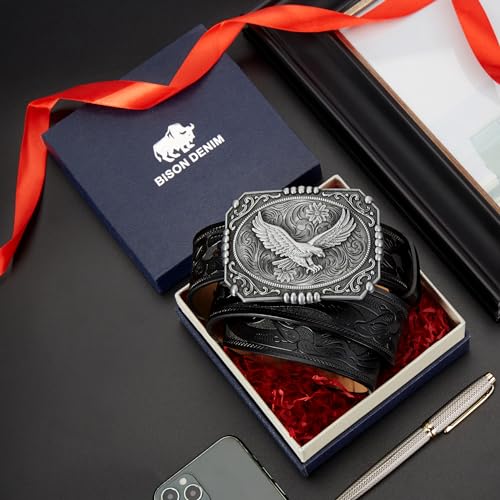 BISON DENIM Men's Western cowboy belt Classic Double embossed leather belts with Printed Engraved Buckle - color: Nk0064a-ds050-1bm-black, size: 33"-36"