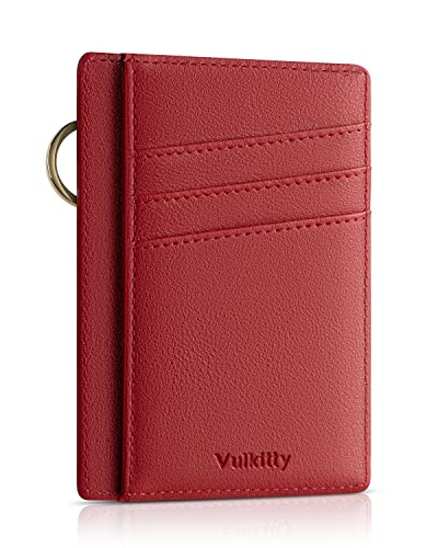 Vulkitty Small Wallet for Women Minimalist Slim Front Pocket Zipper Wallet RFID Blocking Credit Card Holder with ID Slot Window Keychain - color: Red