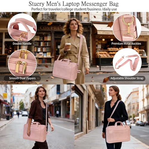 Stuery Faux Leather Messenger Bag for Men 17-17.3 Inch: Laptop Bag Briefcase Computer Handbags Shoulder Crossbody Bag with Padded Laptop Sleeve for Work College Travel, PU Pink - color: Pu Pink