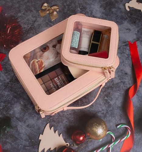 Clear Makeup Bag Sunscreen Bag Small Mini Travel Toiletry Bag Cosmetic Organizer,TSA Approved Waterproof PU Leather Portable Cosmetic Pouch for Summer Beach Vacation,Pool &Gym(Mini Pink) - color: Pink, style: Mini