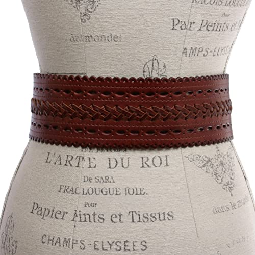 Beltiscool 2 7/8" (72mm) Wide High Waist Perforated Braided Leather Belt - color: Brown, size: S 30"-32"