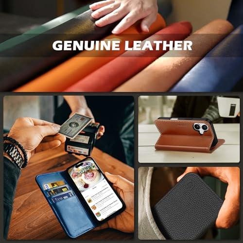 SHIELDON Genuine Leather Case Wallet for iPhone 16 6.1" 2024, Pebbled Black | Flip Magnetic Cover, RFID Blocking, Credit Card Holder, Kickstand, Book Design, Shock-Absorbent Phone Cover - color: Pebbled Black