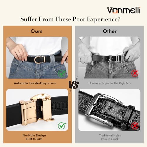 VONMELLI Womens Leather Ratchet Belt for Jeans Dress Pants with Adjustable Automatic Gold Sliding Buckle 1.2" Width - color: Beige, size: Fit Waist Size 26"-29"