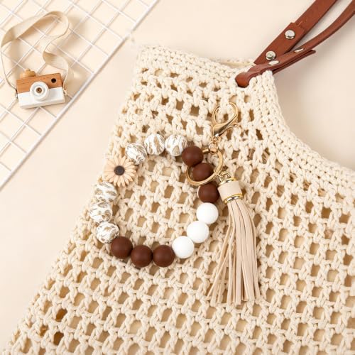 elephtree Wristlet Wallet Keychain,Beaded Silicone Bracelet PU Leather Card Holder Tassel Key Ring Bangle for Women Girls - color: Brown