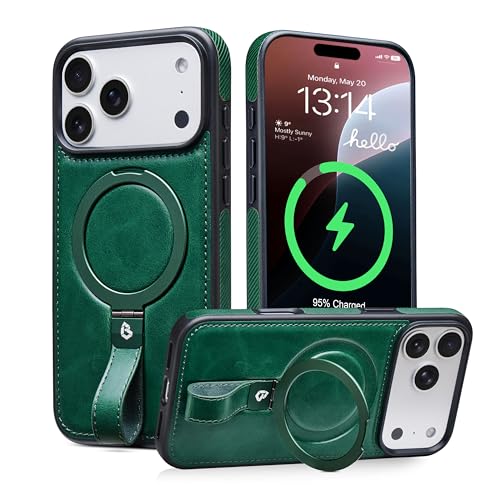Butaiga for iP18 PM Case Leather Strap with Ring Stand, Green - color: Green, size: iP18 Pro Max
