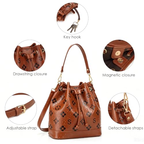 Travistar 2 Piece Bucket Bag for Women - Embossed Vegan Leather Crossbody Shoulder Handbags Satchel Purse Tote Set 2 Straps - color: Beige