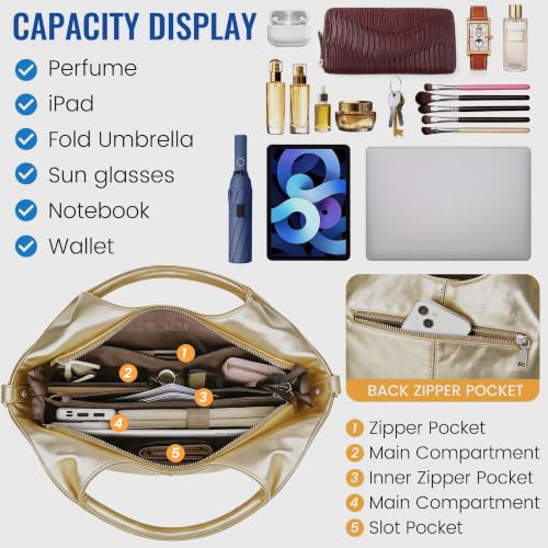 KOGTLA Medium Vegan Leather Purses for Women with Detachable Satchel Strap, Ladies Handbags, Tote Hobo Bags with Two-Handle - color: Gold
