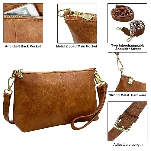 Small Crossbody Clutch Purses Bags for Women Wristlet Wallet Vegan Shoulder Handbags Guitar Strap + Leather Strap - color: Camel Brown