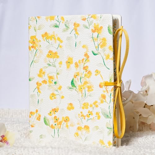 PU Leather Hardcover Notebook – Blue Botanical Floral Cover with Printed Edge Design, 380 Lined Pages, Tie Closure, 8.5" × 6" Writing Journal (Yellow Floral) - color: Yellow Floral