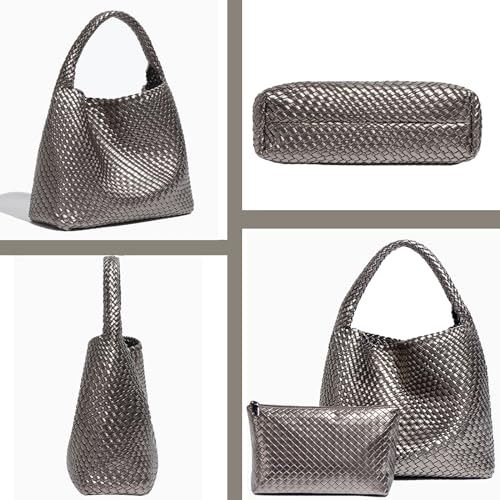 Geelyda Woven Tote Bag for Women with Purse, Fashion Shoulder Hobo Underarm Bags, Large Woven Handmade Work Commuter Day Bags - color: Metallic Silver
