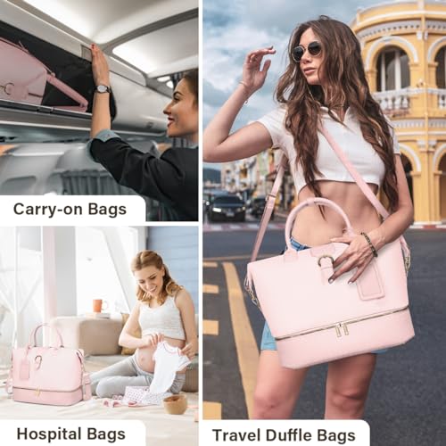 Leather Weekender Bags for Women, Travel Duffel Bag PU Overnight Bag Carry On Tote Bag with Shoe Compartment Wet Pocket - color: Pink, size: Large