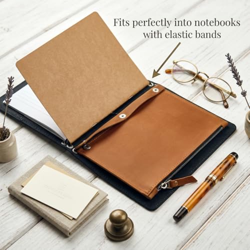 Leather A5 Notebook Insert with Zipper Pocket – Refillable Organizer for Journal 5.8" x 8.3", Leather Planner Insert with 3 Pockets & Large Zip Compartment, Warm Brown - size: A5