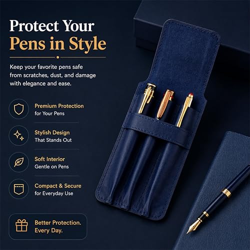 Genuine Leather Pen Case for 3 Pens - Handmade Premium Pen Holder Organizer with Flap Closure Slim Travel Pouch for Office Business Use, 3.5 x 7- Blue - color: Blue Leather Pen Case
