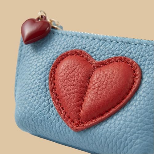 Red Heart Design Small Coin Purse - Cute Compact Keychain Change Purse Soft Leather Wallet with Zipper for Women (Light Blue) - color: Light Blue