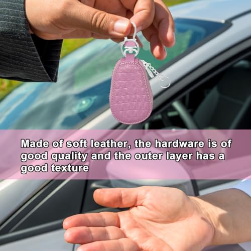 Leather Car Keychain Case Holder - Keyring Zipper Bag Auto Key Fob Cover Case with Metal Hook - Car Key Case Smart Key Fob Protector for Remote Key Fob (Pink) - color: Pink