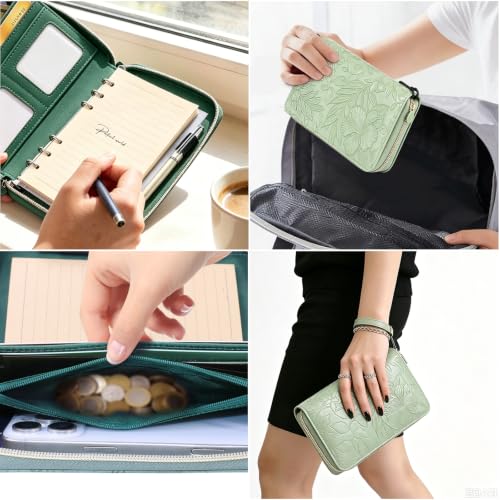 A6 Binder Zipper Budget, Planner for Travel & Study | Faux leather A6 organizer with zipper, cash pouches, lined pages, card slots and pen holder for budgeting. - color: Green2