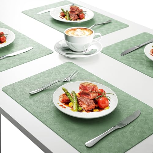 Green Plastic Placemats Set of 12, Faux Leather Waterproof Table Mats | Green Vinyl place mats,Wipeable and heat resistant table mats.Easy to clean,great for indoor and outdoor - color: Green