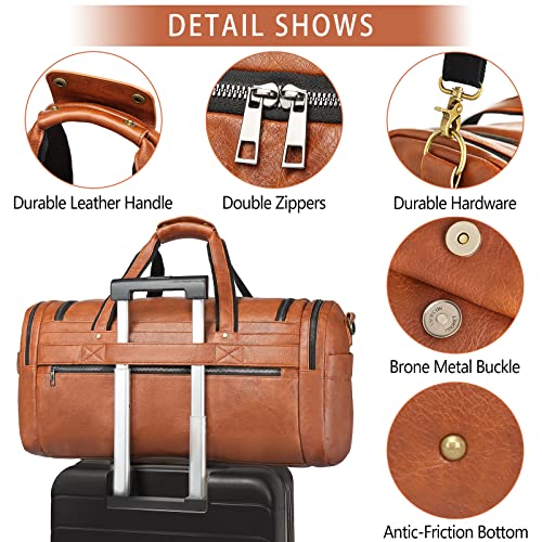 Travel Duffel Bag for Men Women, Large PU Leather Carry on Duffle Bags for Traveling, Waterproof Overnight Weekender Duffel Bag with Shoe Compartment - Perfect for Daily Use/Birthday Gift - color: Brown