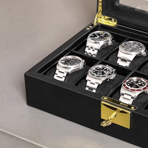 ROTHWELL 10 Slot Leather Watch Box - Luxury Case Display Jewelry Organizer - Locking Watch Display Case Holder with Large Glass Top - Box Organizer for Men and Women (Black/Black) - color: Black / Black