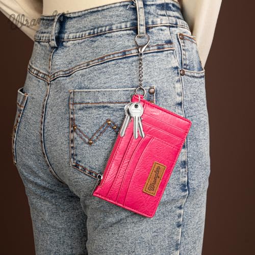 Montana West X Wrangler Credit Card Holder for Women Card & ID Cases Womens Slim Wallet for Cash and Cards Keychain Wallet with Wristlet Strap - color: A-Hot Pink