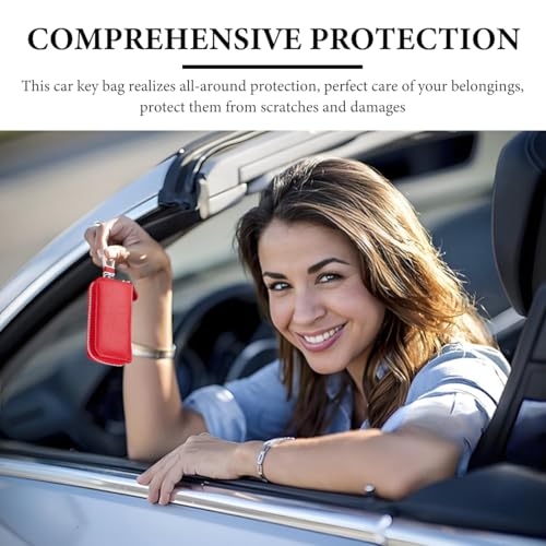 Leather Car Key Holder Bag, Unisex Key Fob Case with 6 Hooks, Zipper Closure Keychian Case Wallet for Smart Keys (Red) - color: Red
