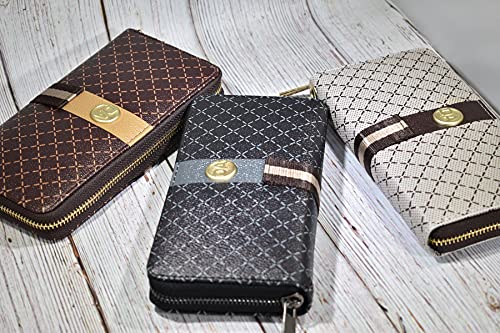 Women's Designer Wallet RFID Blocking DA Leather Wallets Large Phone Holder Wristlet wallets for women - color: Beige & Brown