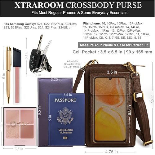 BULL GUARD Crossbody Bag for Women, Leather Phone Wallet Purse with Adjustable Anti Theft Strap & RFID Blocking 12 Card Slots - color: Xtraroom in Dark Brown Goddess Delight