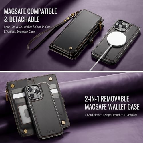 Defencase for iPhone 14 Pro Max Case Wallet Compatible with Magsafe, Black | Drop-Proof Magnetic Detachable Phone Cases Cover, with RFID Bolcking Card Holder, Zipper Strap, PU Leather, Removable Wallet - color: (Detachable with Magsafe)-Black
