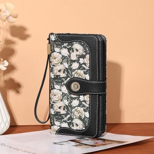 Wallets for Women Trifold Wristlet Wallets Large Capacity RFID Blocking Ladies Purse Credit Card Holder - color: E-Skull Black